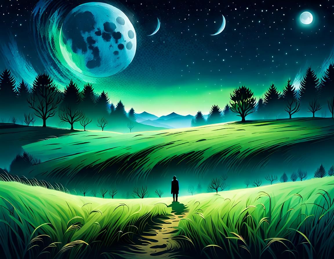 Lone Figure Gazing at Night Sky Landscape