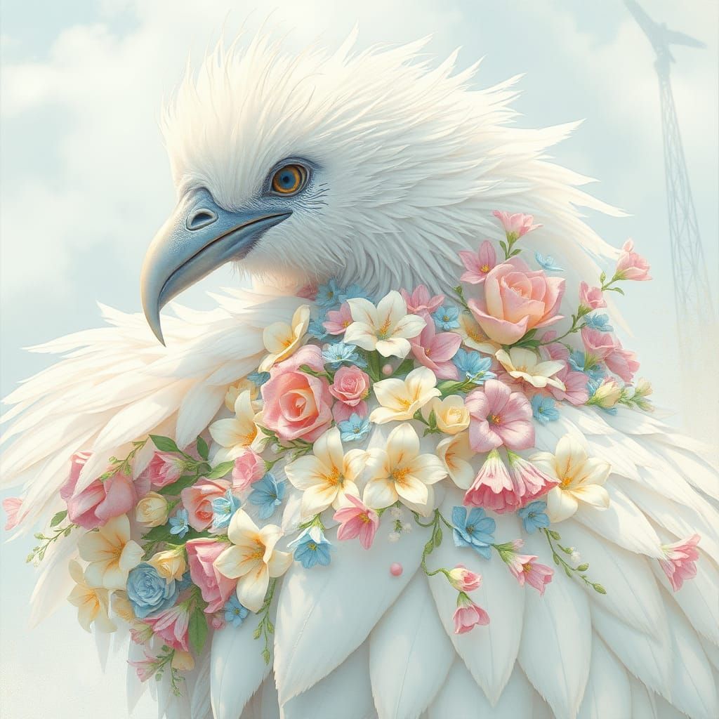Majestic Fluffy Bird Adorned with Flowers