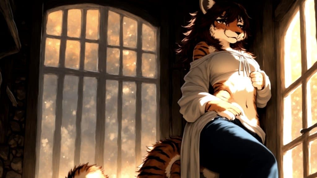 Furry Tigress Leans Against Village Wall in Cinematic Lighti...