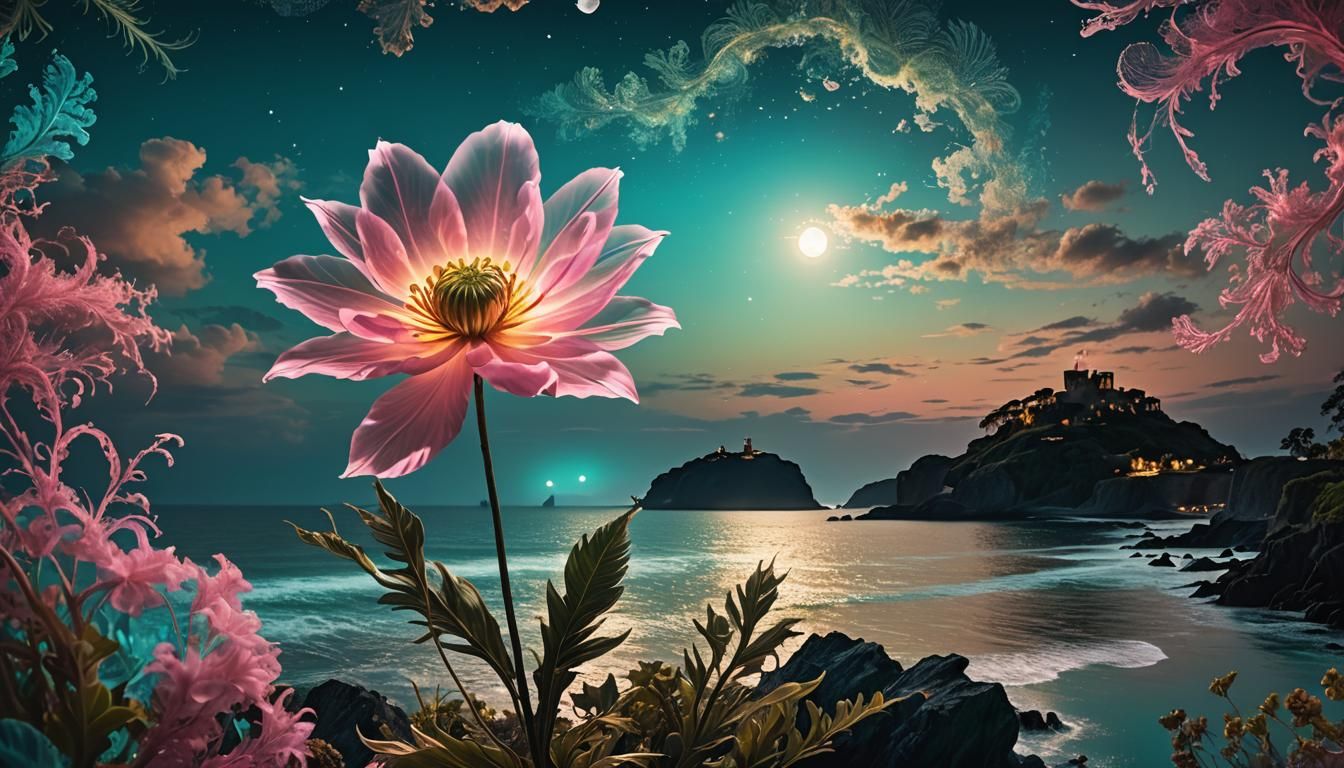 Surreal Silhouette with Floating Petal: Digital Art