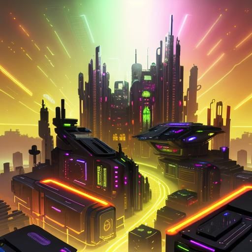 Futuristic Cyberpunk Cityscape with Neon Temple