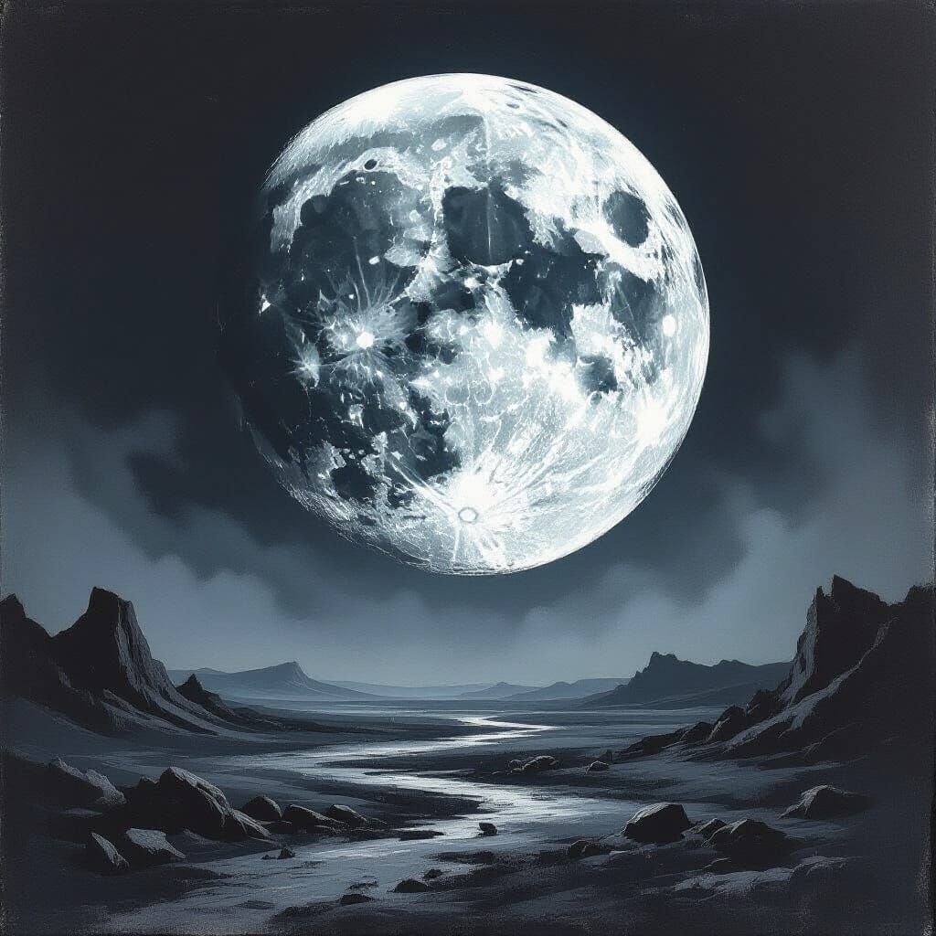 Severe Moon Over Desolate Landscape in Art Brut Style