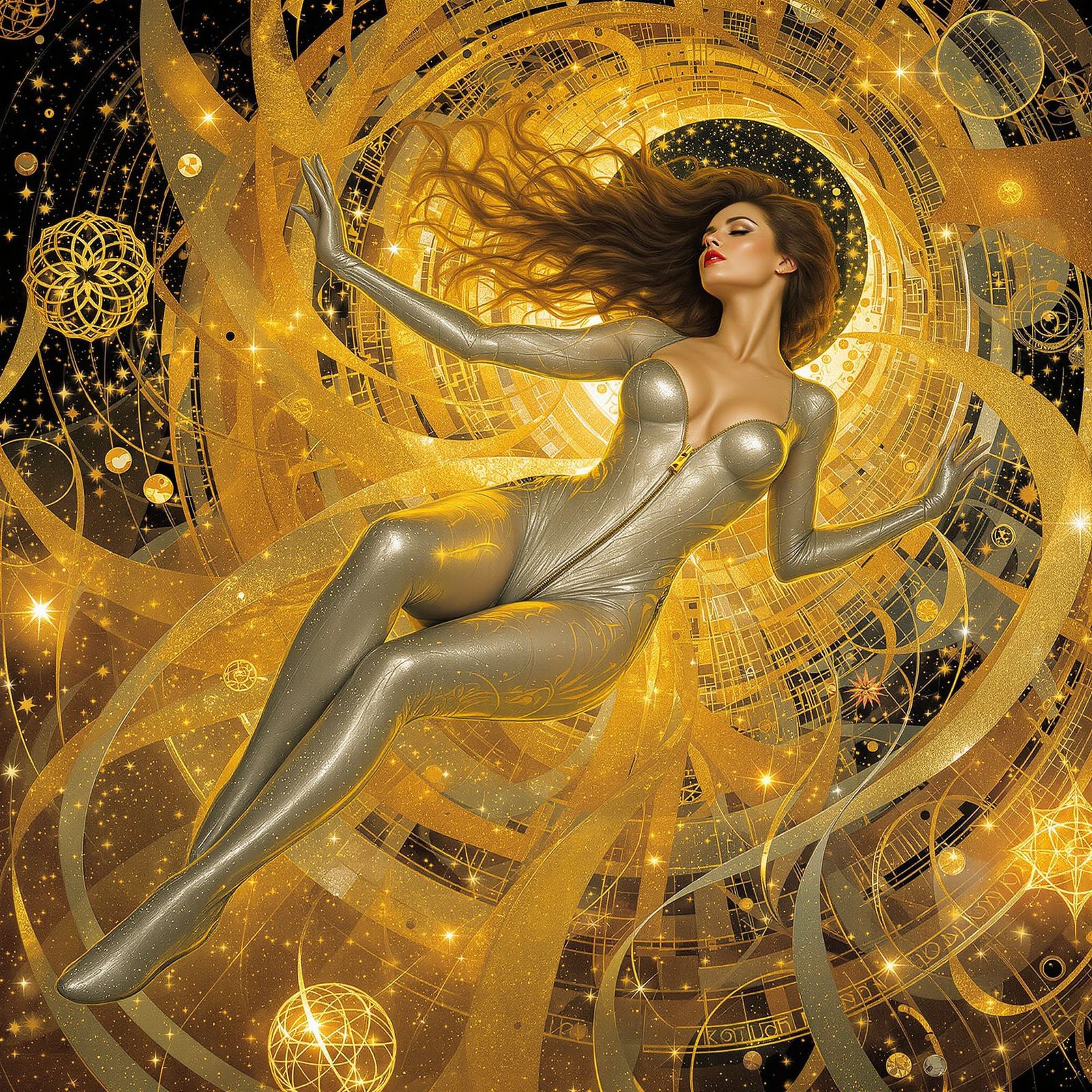 Barbarella in Klimt's Golden Cosmic Swirls