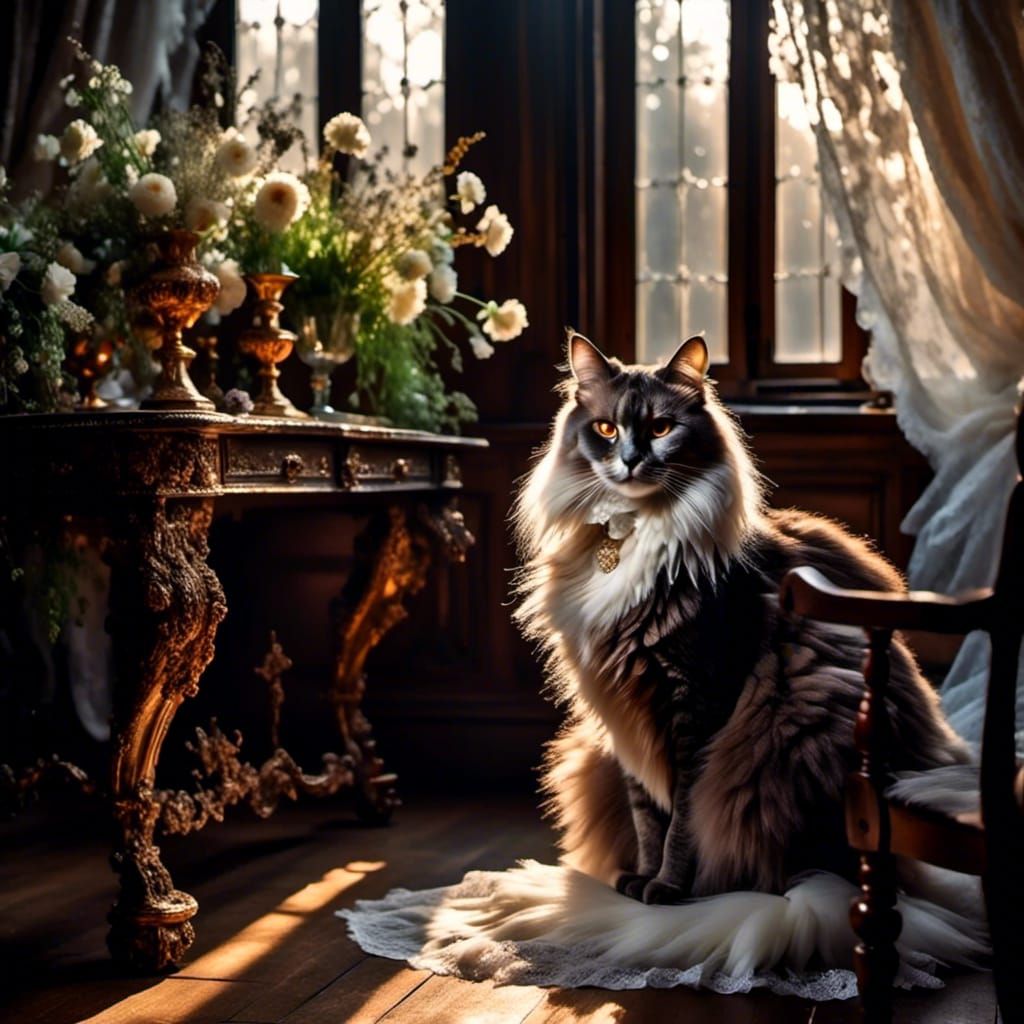 Cat on Baroque Table with Golden Light