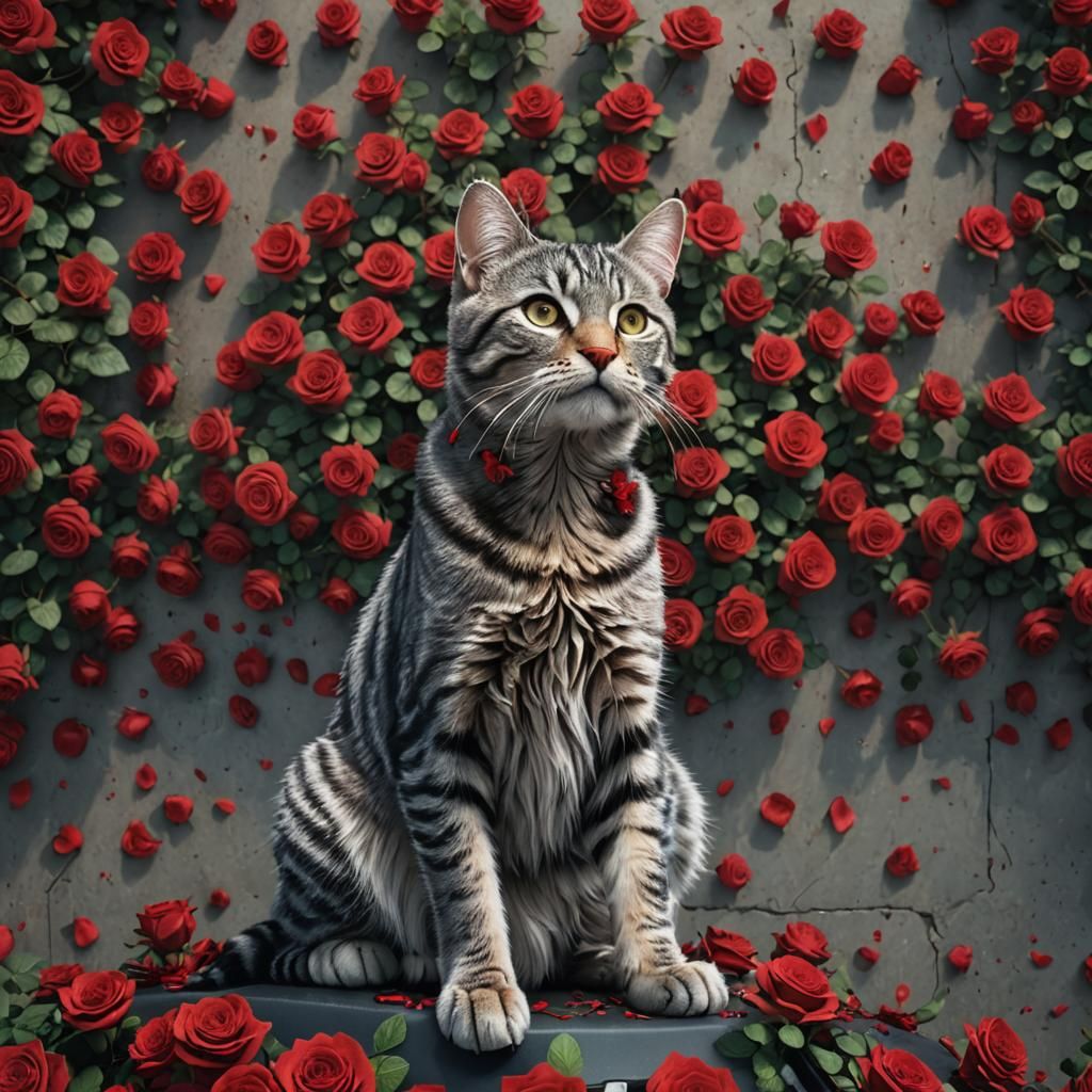 Tabby Cat on Roses: Fantasy Concept Art