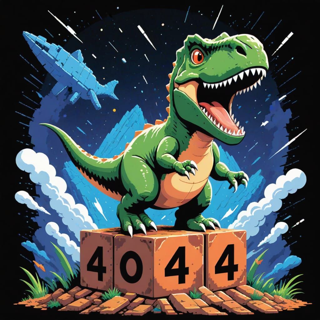 Ghibli-Inspired Pixel Art T-Rex in Mid-Jump on 404 Block