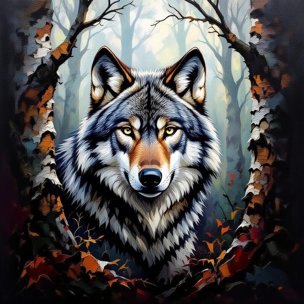 Majestic Wolf Camouflaged in Forest, Impasto Oil Painting