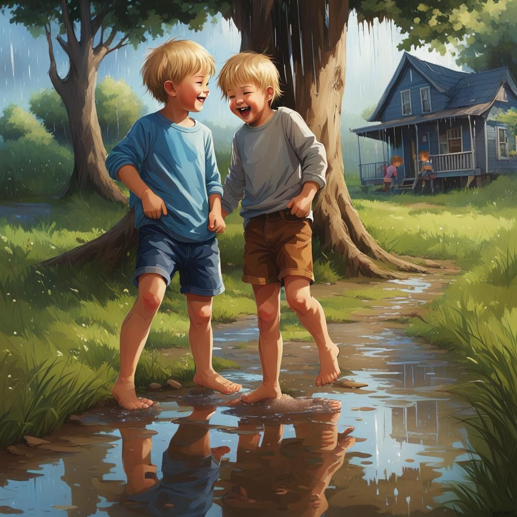 Children Play Barefoot in the Rain