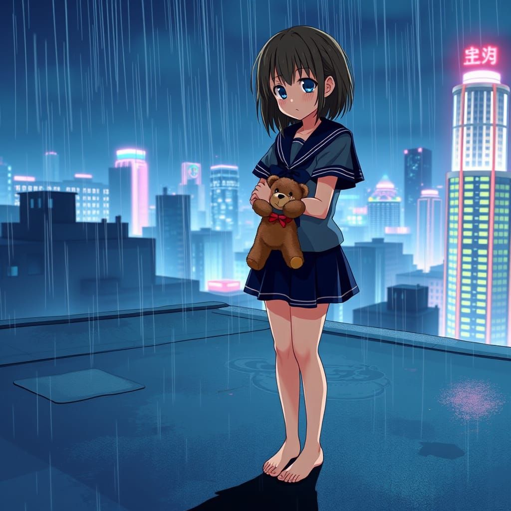 Anime Girl in Rain: Emotional Neon Cityscape