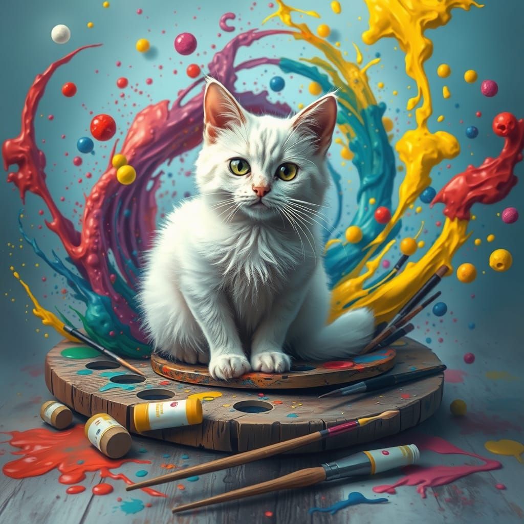 Whimsical White Cat Amidst Vibrant Paint Splatters