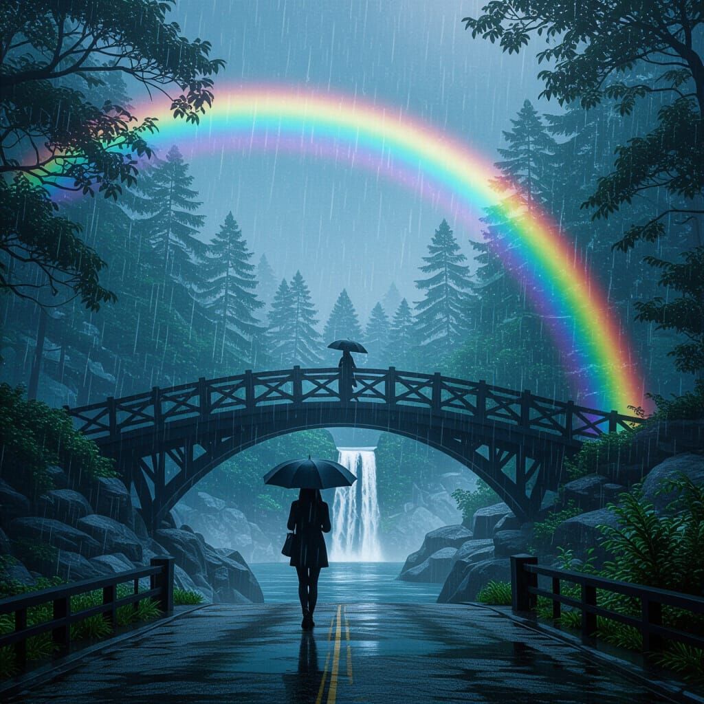 Woman Walks into Rainy Forest Under Rainbow Bridge