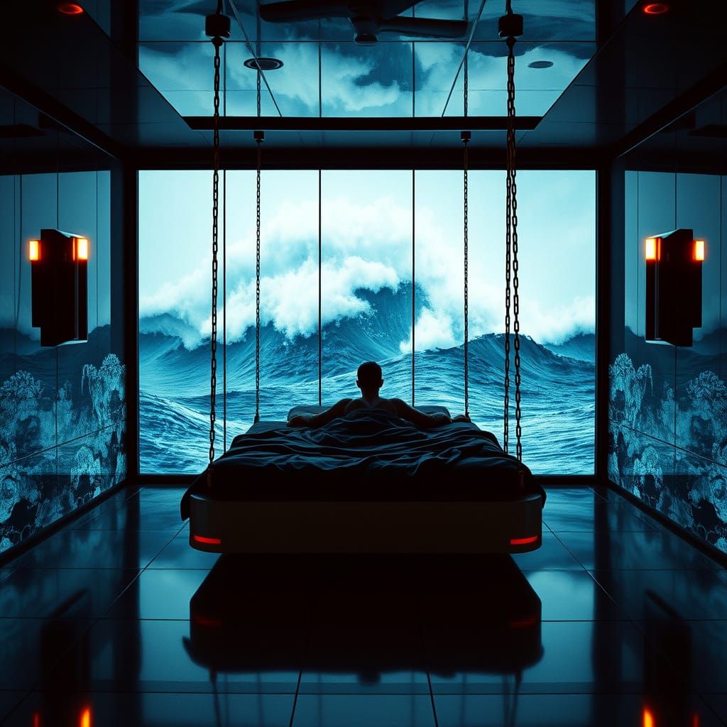 Modern Sea Fortress Chamber with Suspended Bed and Haunting ...