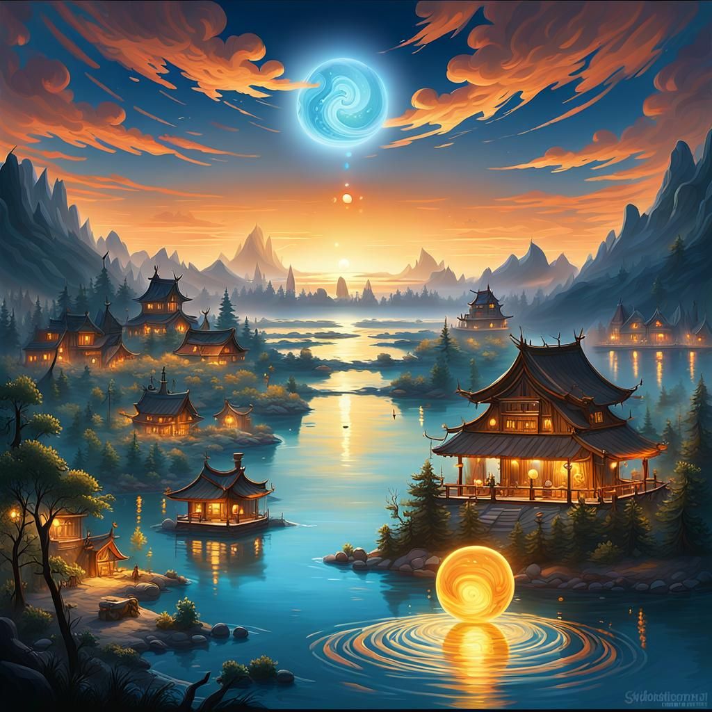 Glowing Orb Above Calm Lake: Ethereal Concept Art