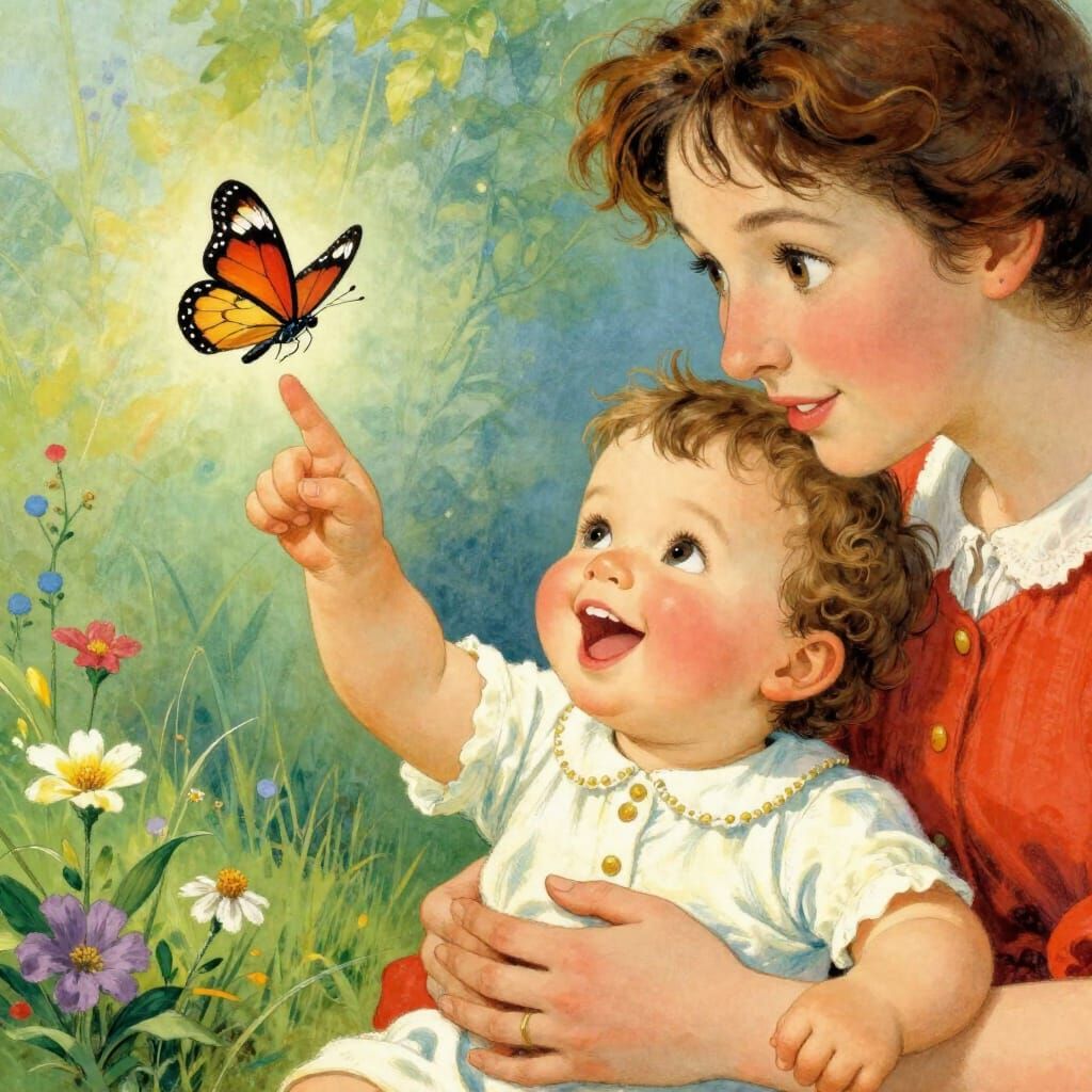 Joyful Child Discovers Butterfly for First Time