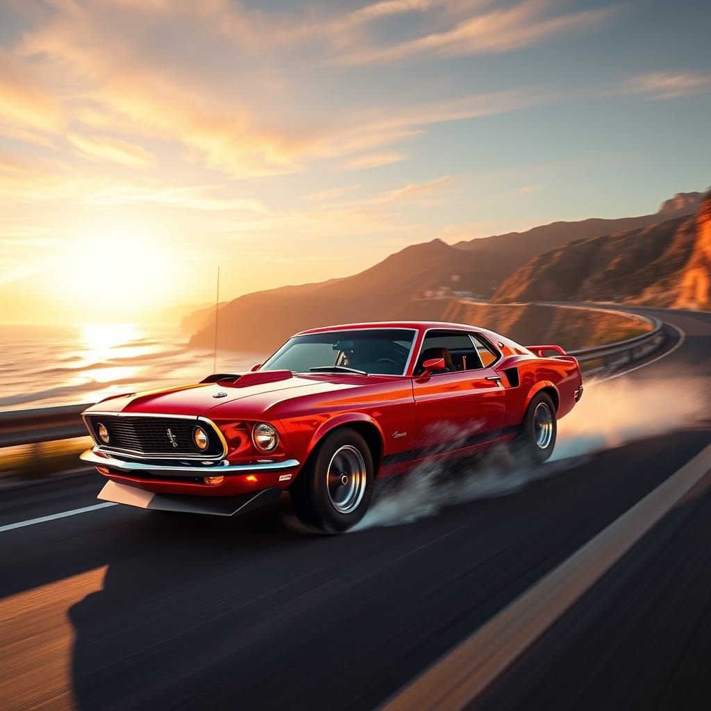 Candy Apple Red 1969 Mustang Boss 429 on Coastal Highway
