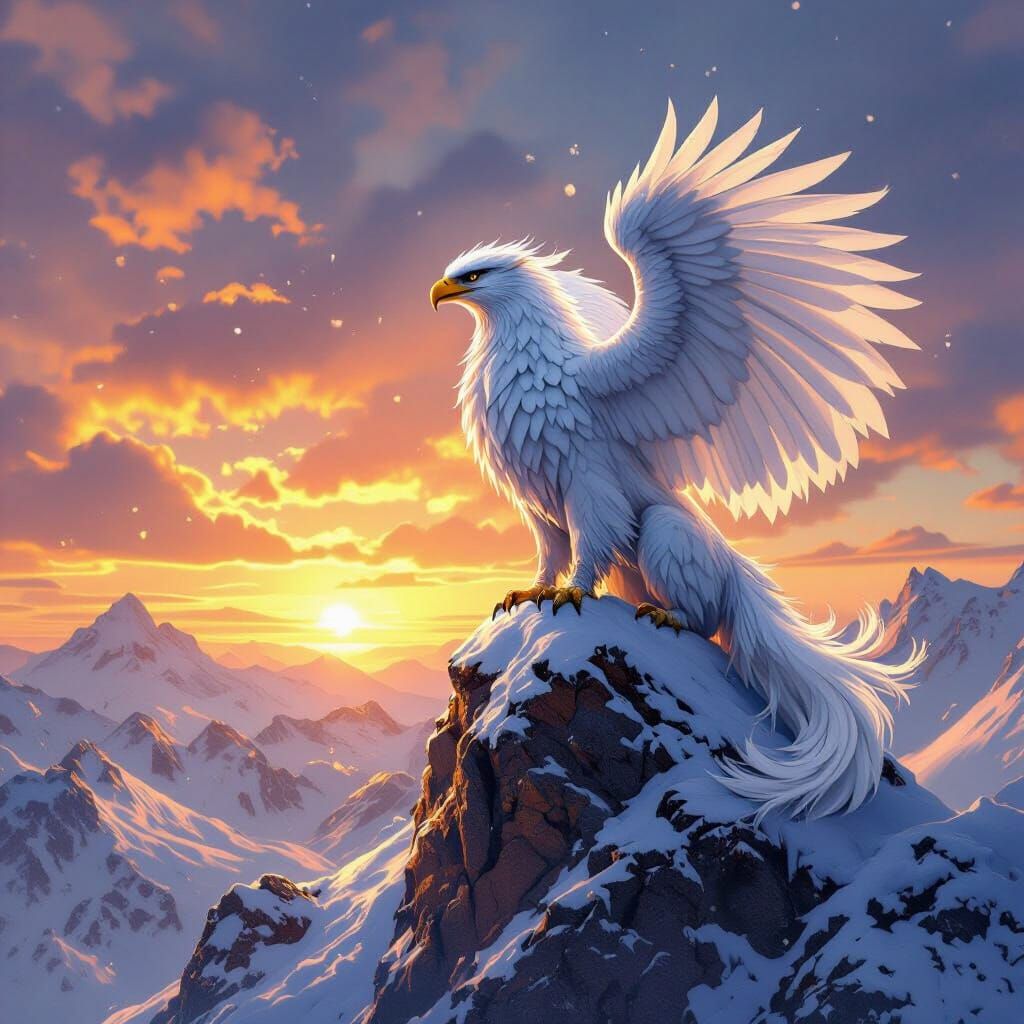 Griffin on Snow Mountain at Sunset