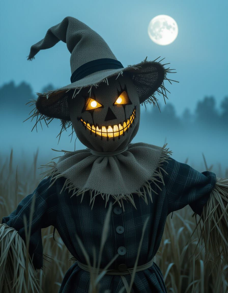 Surreal Scarecrow Grinning in Moonlit Field