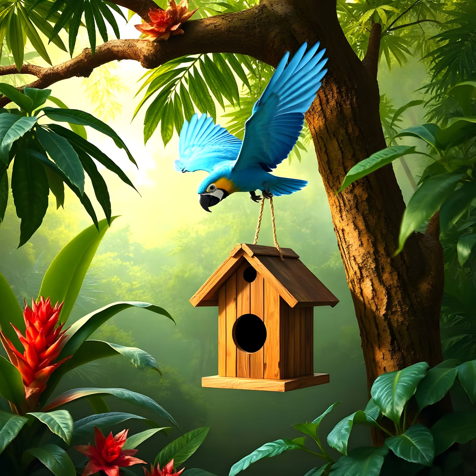 Blue Macaw Flying Above Birdhouse in Amazon Setting