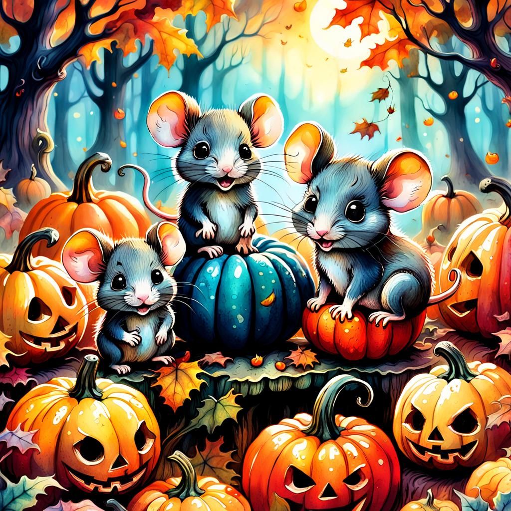 Chibi Mice Halloween Scene in Watercolor Style