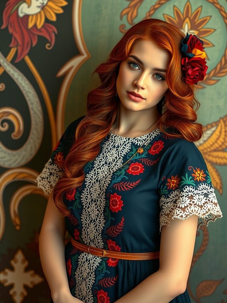 Redhead in Embroidered Dress, Inspired by Mexican Art