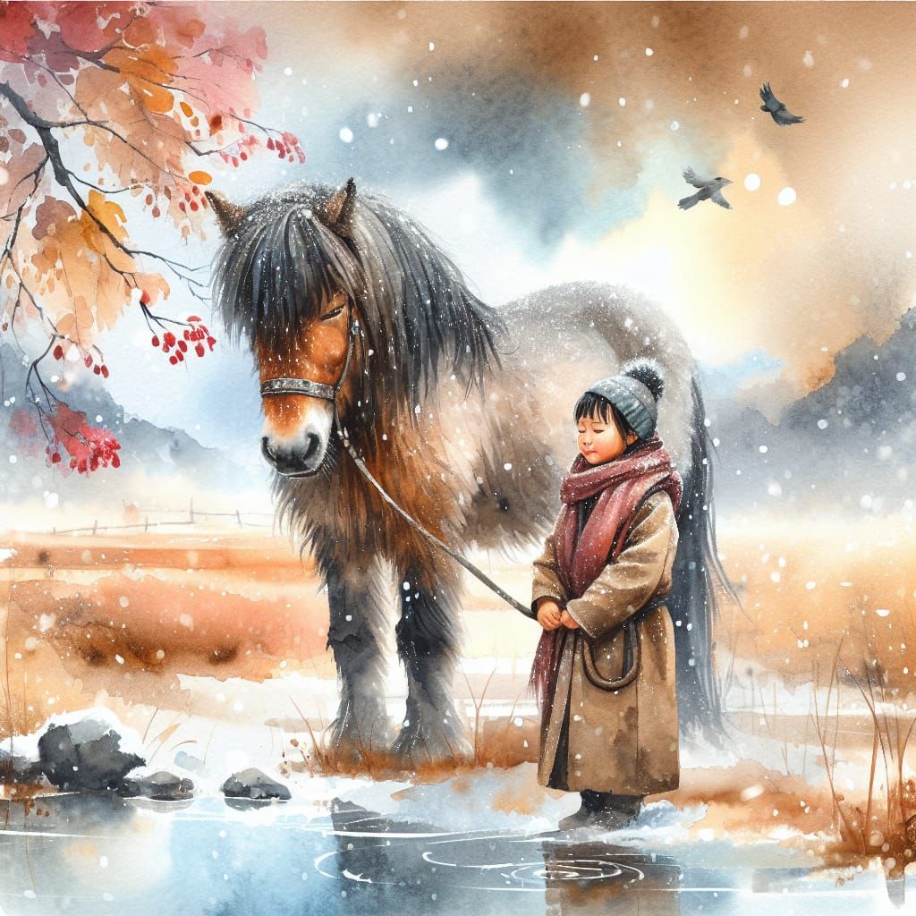 Girl and Horse in Autumn Rain: Watercolor Serenity