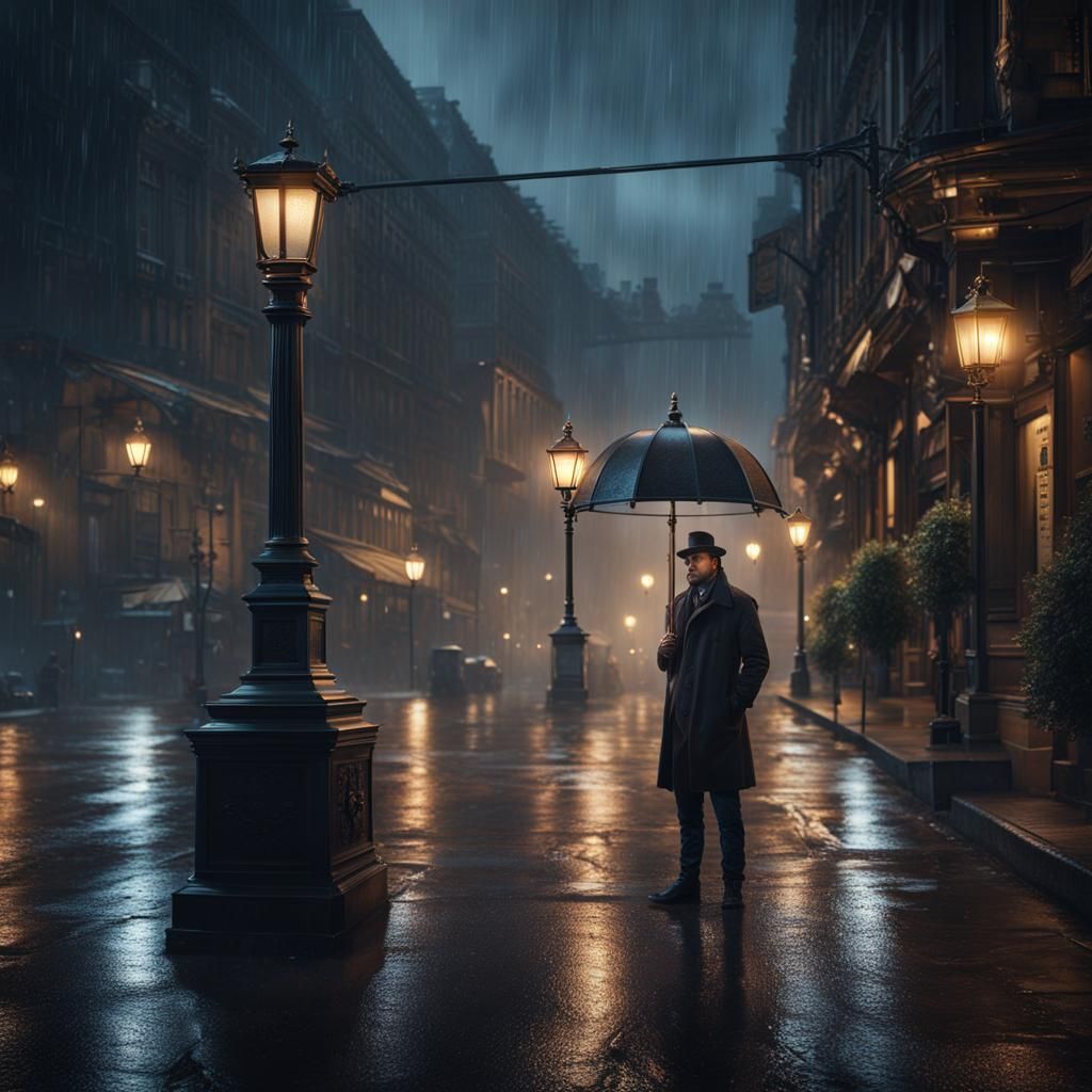 Man Under Lamppost in Rainy City, Matte Painting