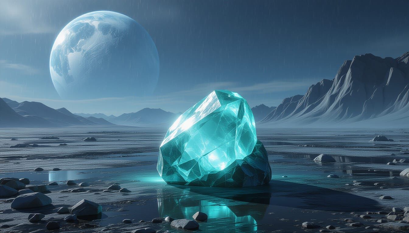 Glowing Amazonite on Alien Plain with Icy Planet