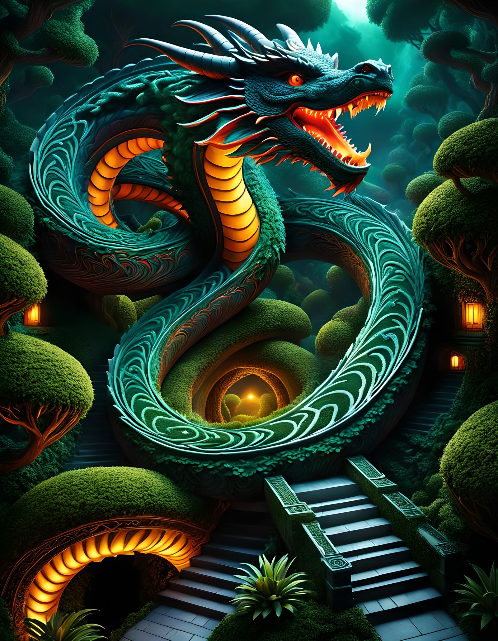 Draconic Hedge Labyrinth in Dark Fantasy Style