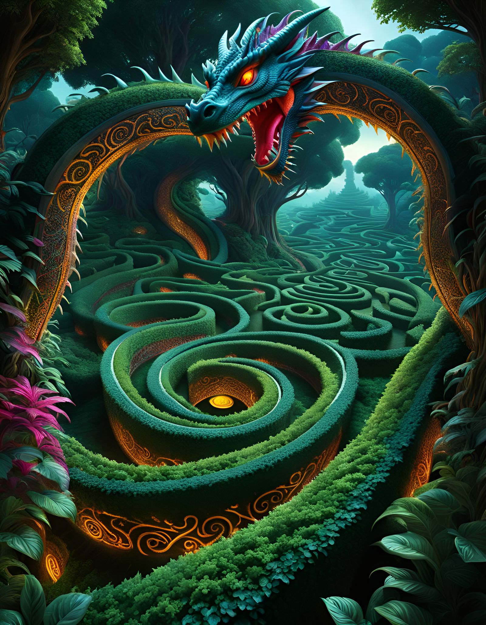 Dragon Maze: Hyperrealistic Fractal Labyrinth in Dark Fantas...