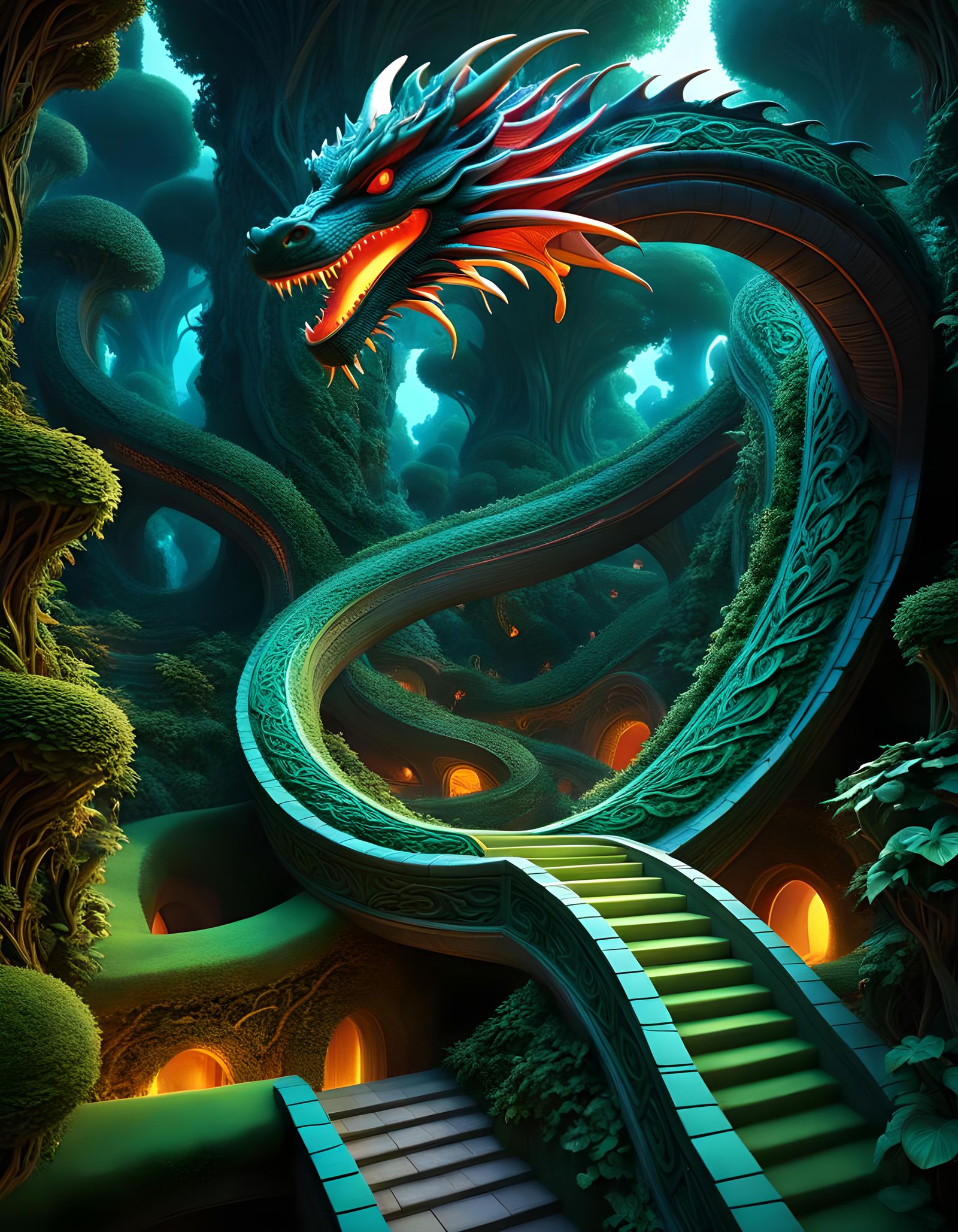 Draconic Hedge Maze in a Dark Fantasy Landscape