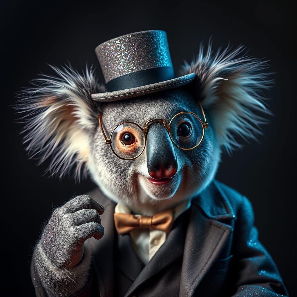 Scientist Koala in Art Deco Top Hat, Hyperrealistic Style