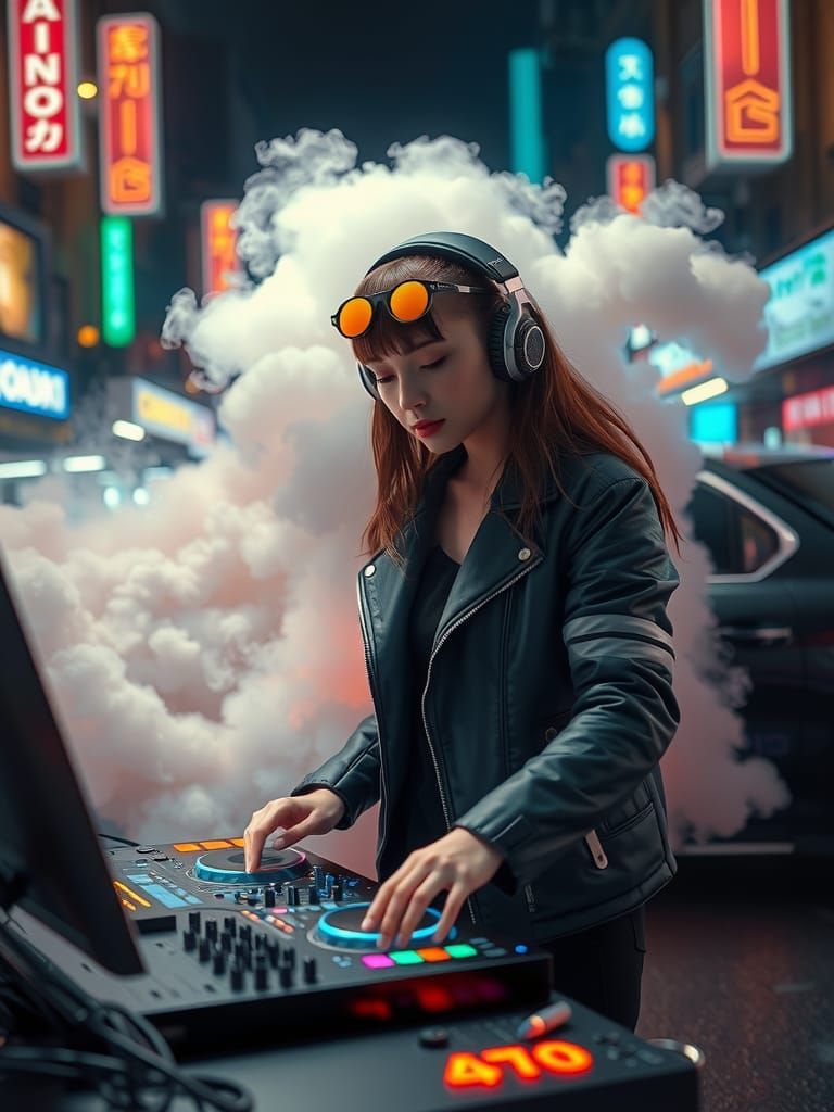 realistic  photoportrait of young Ksenia Solo as a DJ on a night city street, with lots of neon lights on . She is focus...