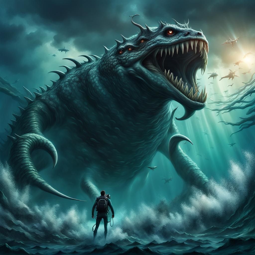 Colossal Sea Monster and Scuba Diver: Epic Digital Painting