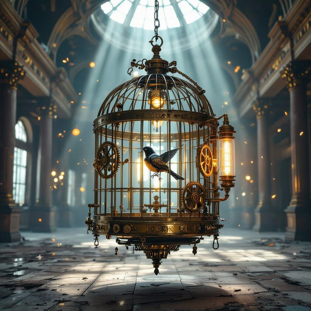 Steampunk Birdcage in Abandoned Ballroom