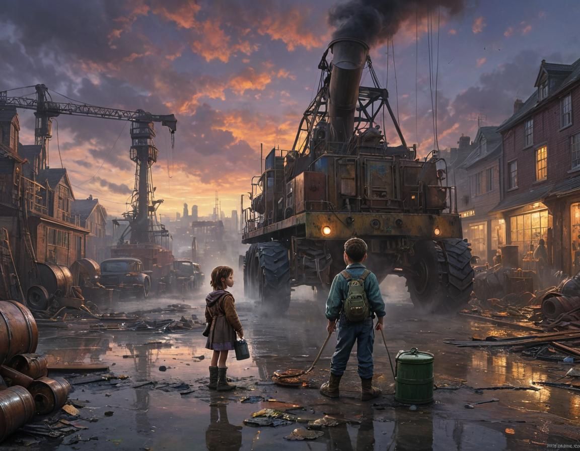 Dieselpunk Port Scene with Children in Gas Masks