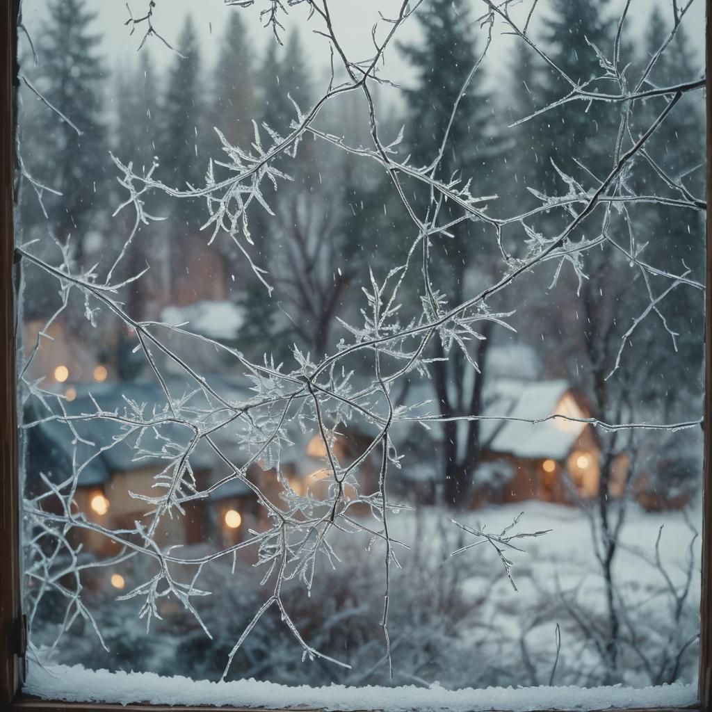 Winter Landscape Through Frosted Window