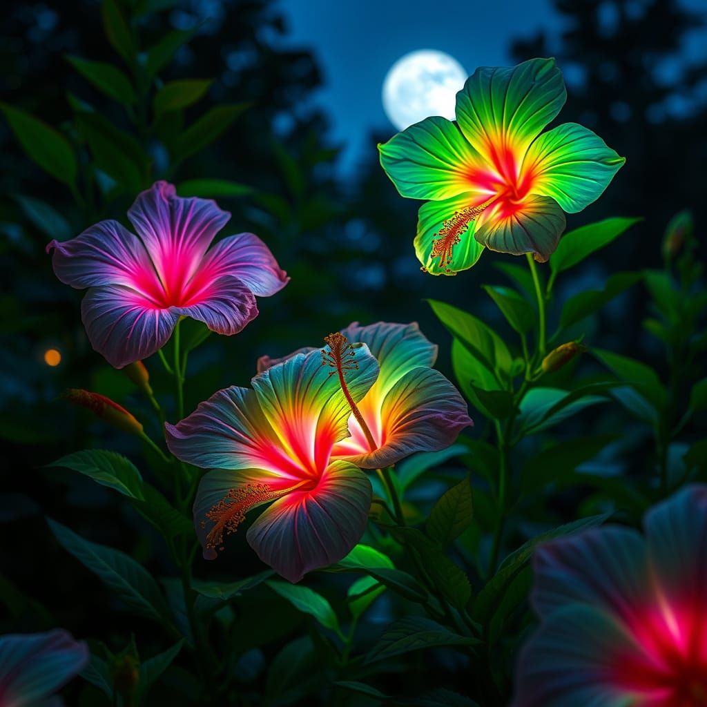 Bioluminescent Hibiscus in Moonlit Garden