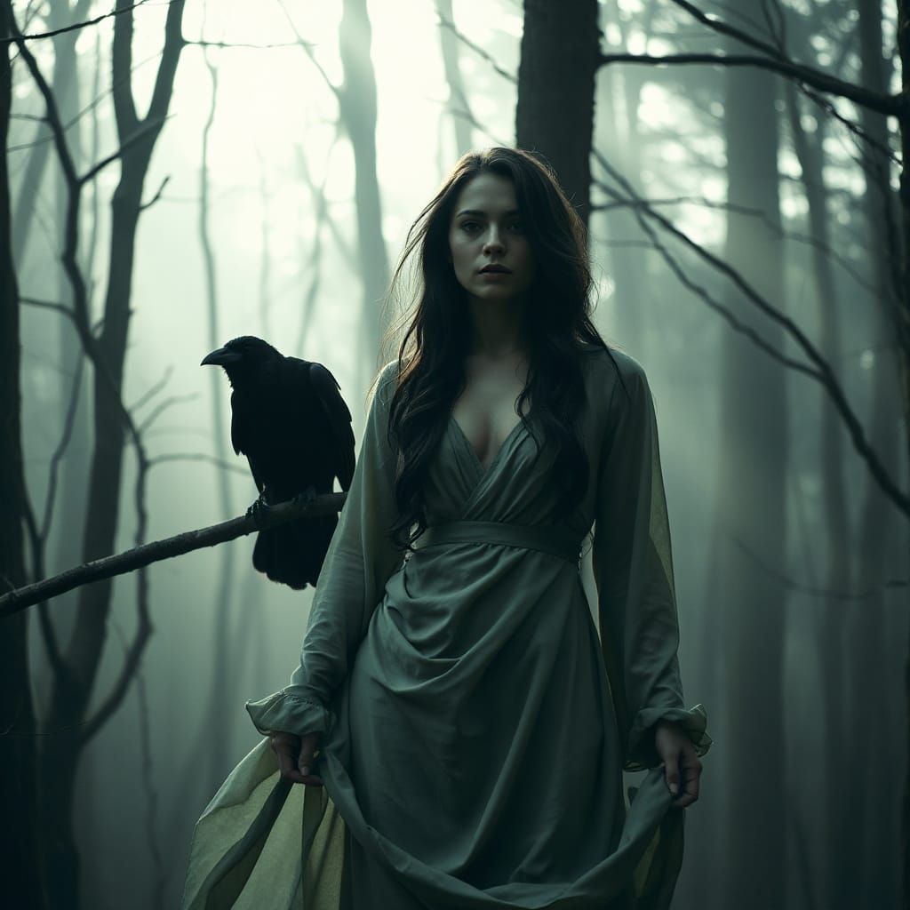Mysterious Woman in Misty Forest with Raven