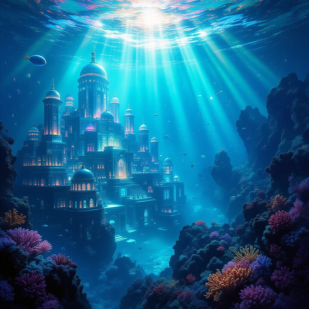 Underwater Atlantis City with Coral and Astral Light