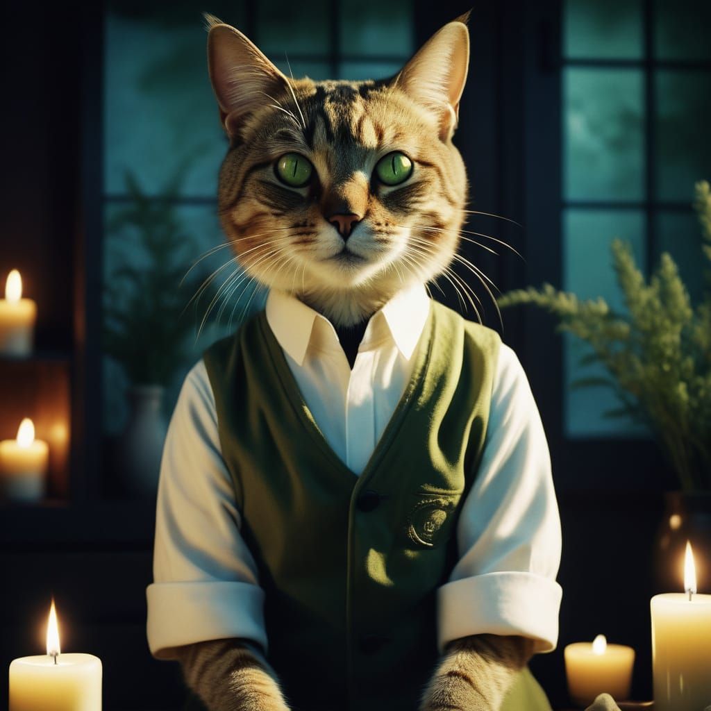 "A charming anthropomorphic cat with sleek olive-green fur, working as a professional masseur. The cat has striking oliv...
