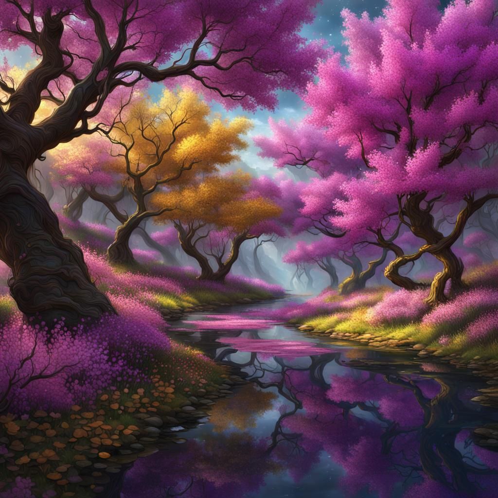 Eastern Redbud with Gold Flecks in Maximalist Style