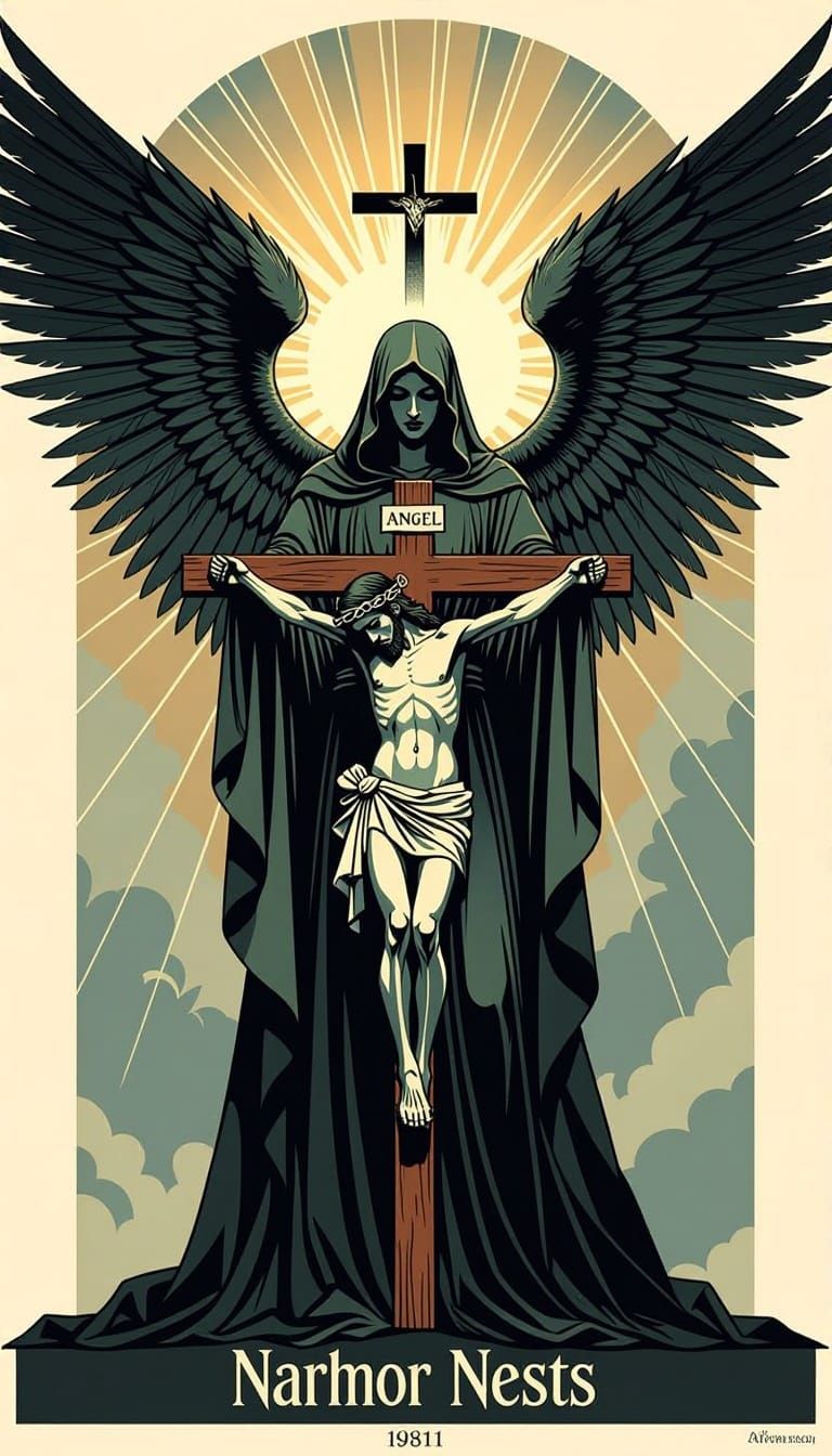 Dramatic Charcoal Drawing of Winged Angel with Crucified Fig...