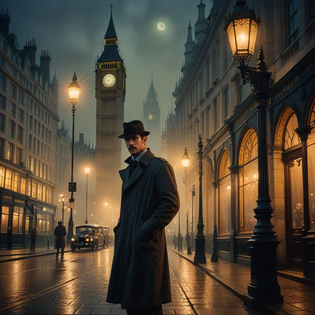 Detective in Foggy London, Ethereal Fantasy Oil Painting