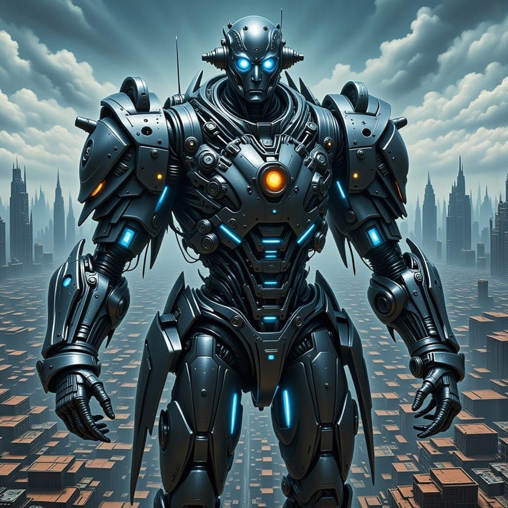 Giant Robot Towers Over Futuristic Metropolis