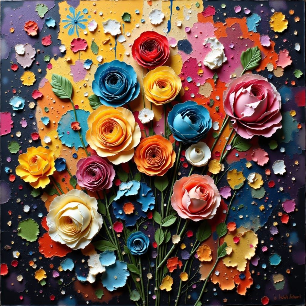 Vibrant Abstract Paper Roses on Rainbow Stage