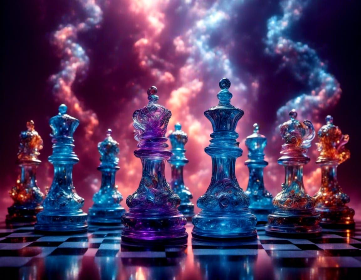 Celestial Chess Pieces Dissolving into Smoke Ribbons