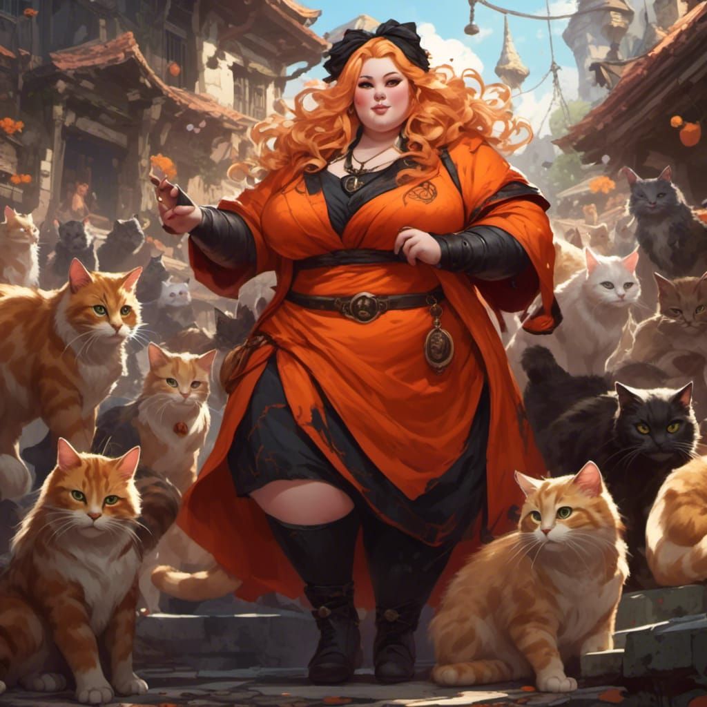 Curvy Anime Woman with Cats in Digital Art