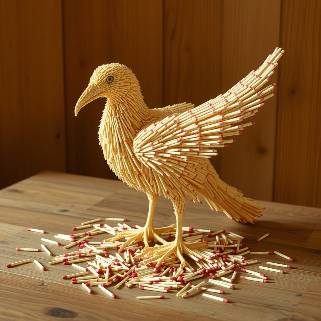 Elegant Matchstick Bird Sculpture on Wooden Table