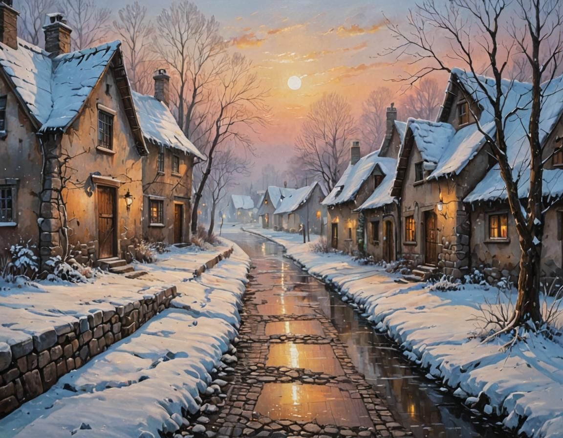 Winter Village Scene as Dark Fantasy Acrylic Painting