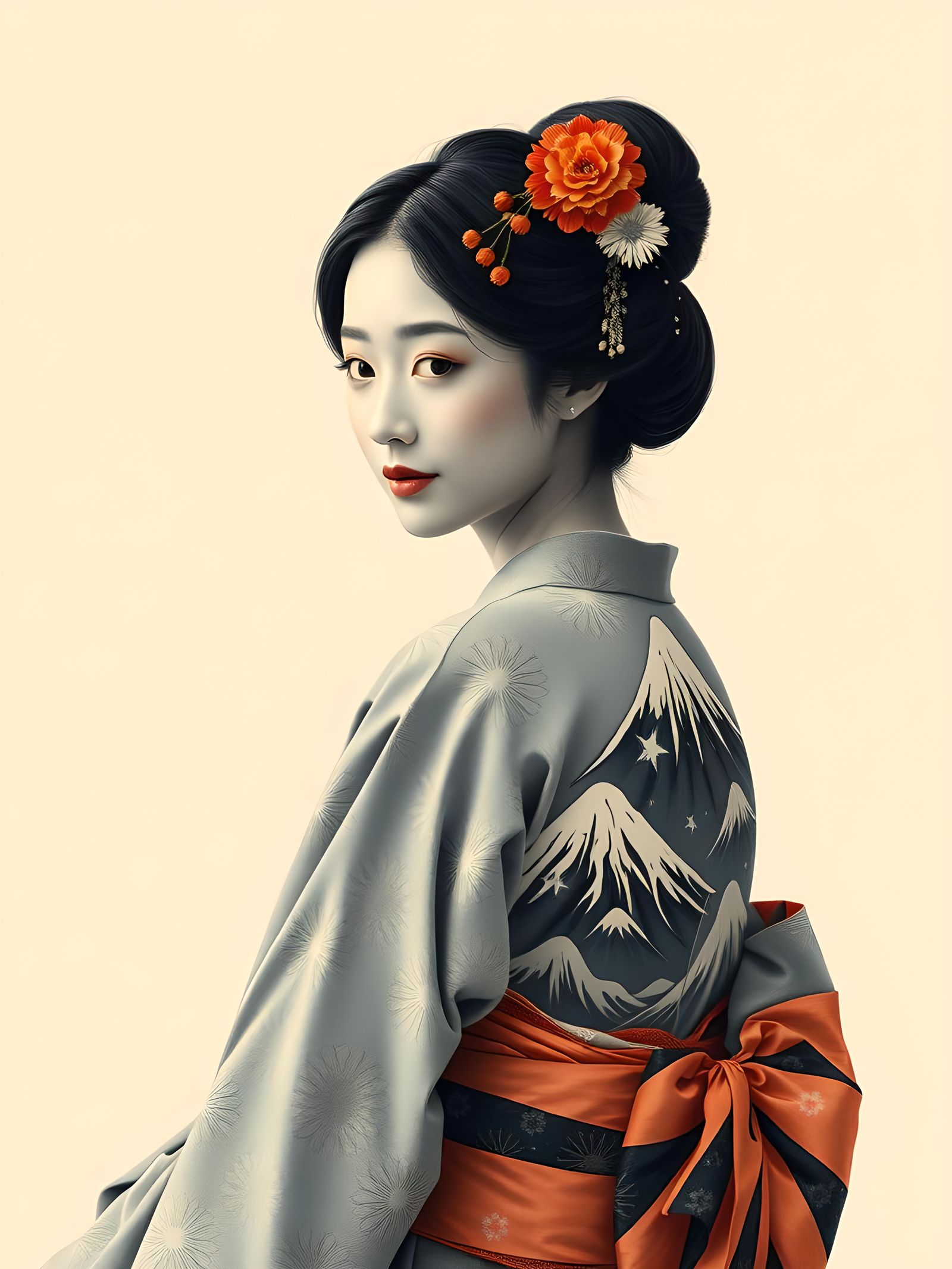 Monochrome Portrait of Woman with Mount Fuji Tattoo